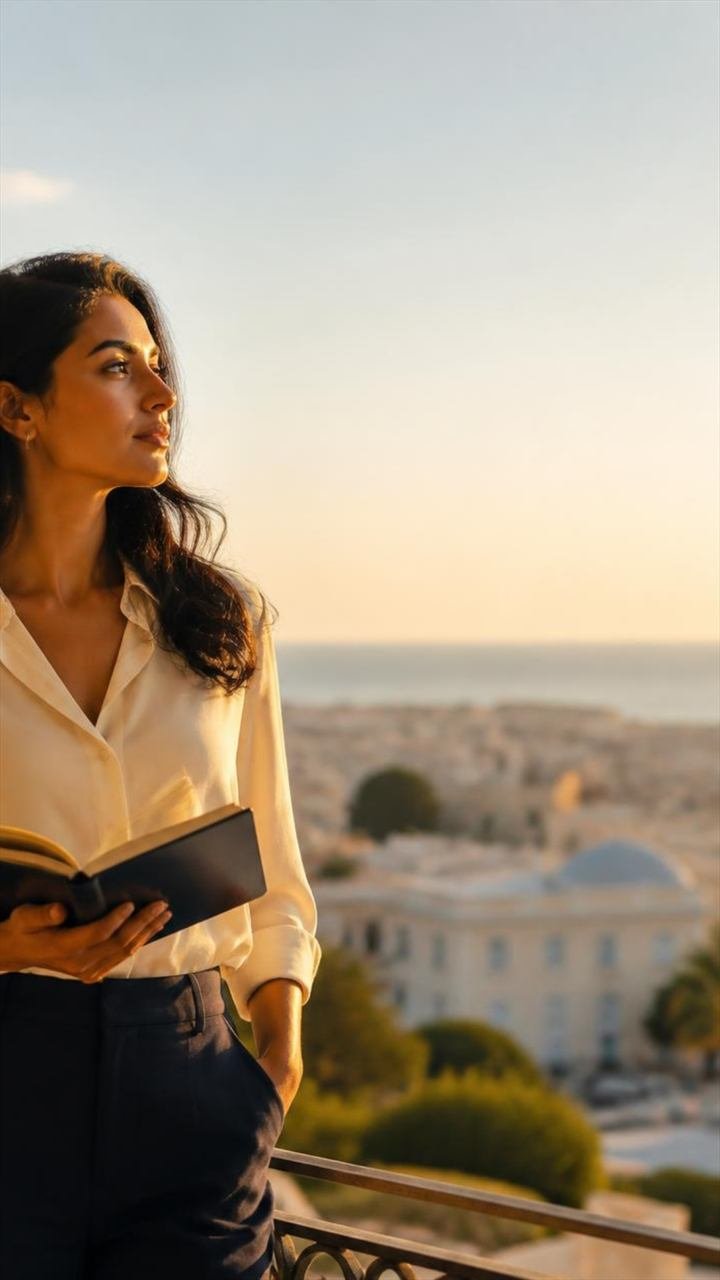 Une femme sur un balcon au coucher du soleil, un livre ouvert à la main