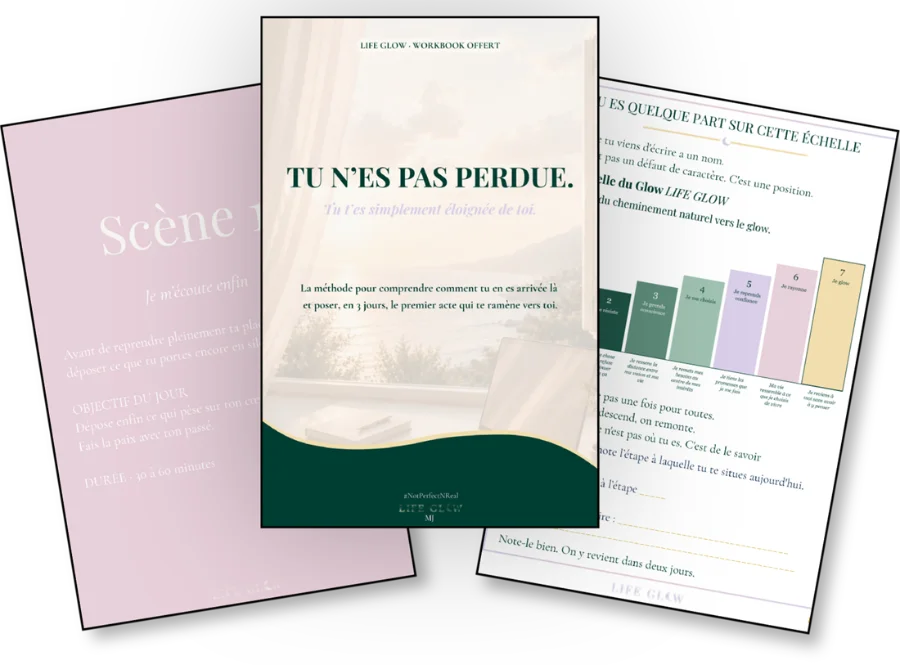 Pages du mini-workbook offert « Tu n'es pas perdue » : couverture, Jour 1 et l'Échelle du Glow