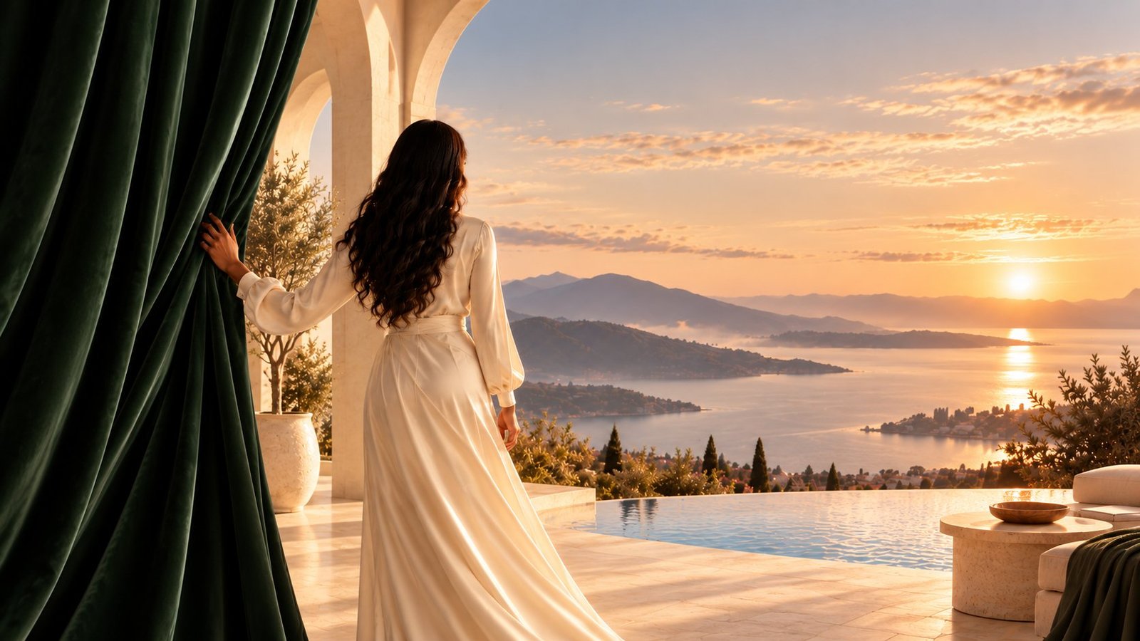 Une femme en robe ivoire écarte un rideau de velours vert et s'avance vers une terrasse ouverte sur la mer au coucher du soleil