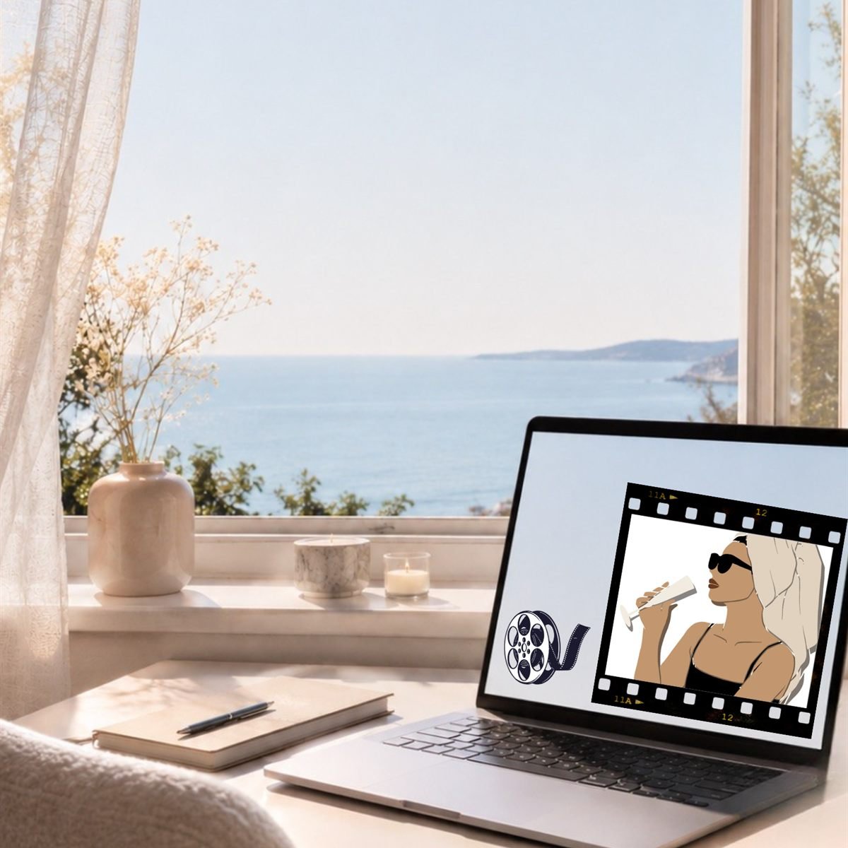 Une fenêtre ouverte sur la mer, un carnet et un ordinateur où s'affiche une illustration Life Glow
