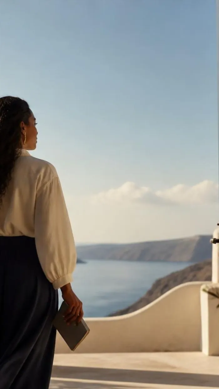 Une femme de dos sur une terrasse face à la mer, un carnet à la main