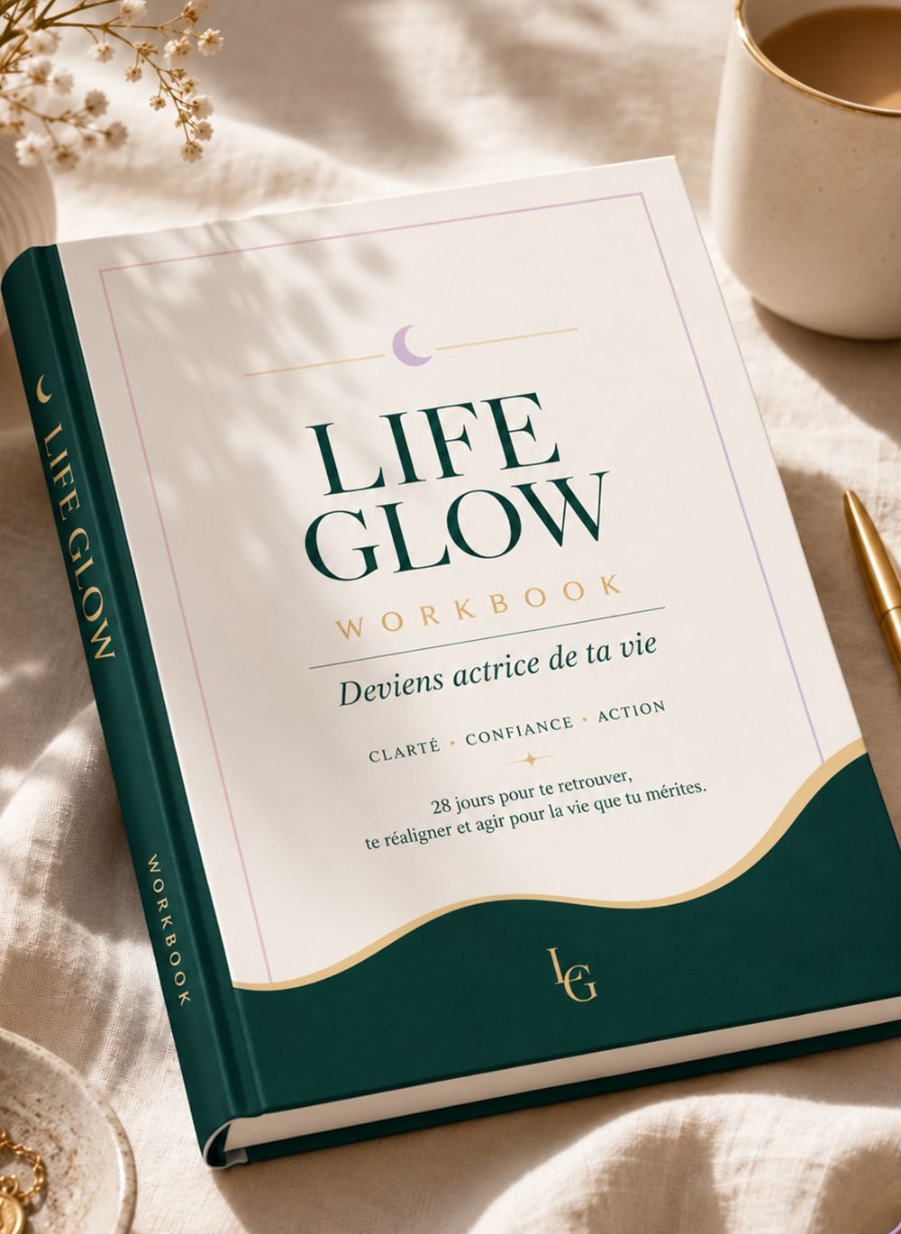 Le workbook Life Glow « Deviens actrice de ta vie », couverture porcelaine et vert signature