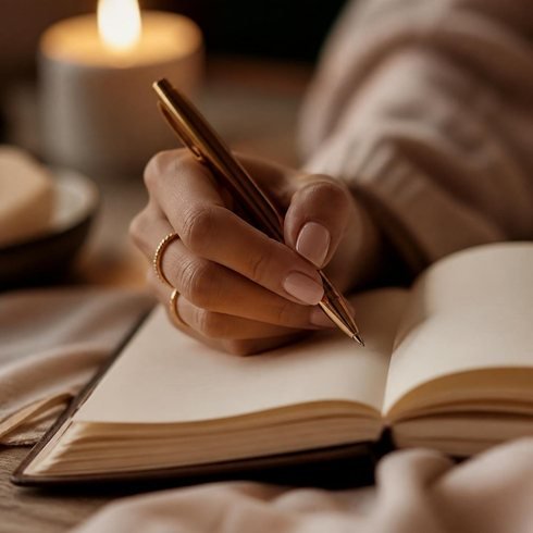 Une main écrit dans le workbook Life Glow