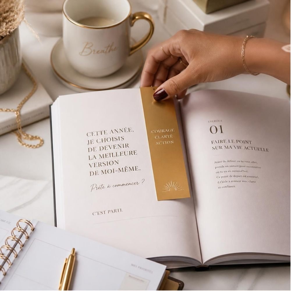 Le workbook ouvert : « Cette année, je choisis de devenir la meilleure version de moi-même » et l'exercice 01, Faire le point sur ma vie actuelle
